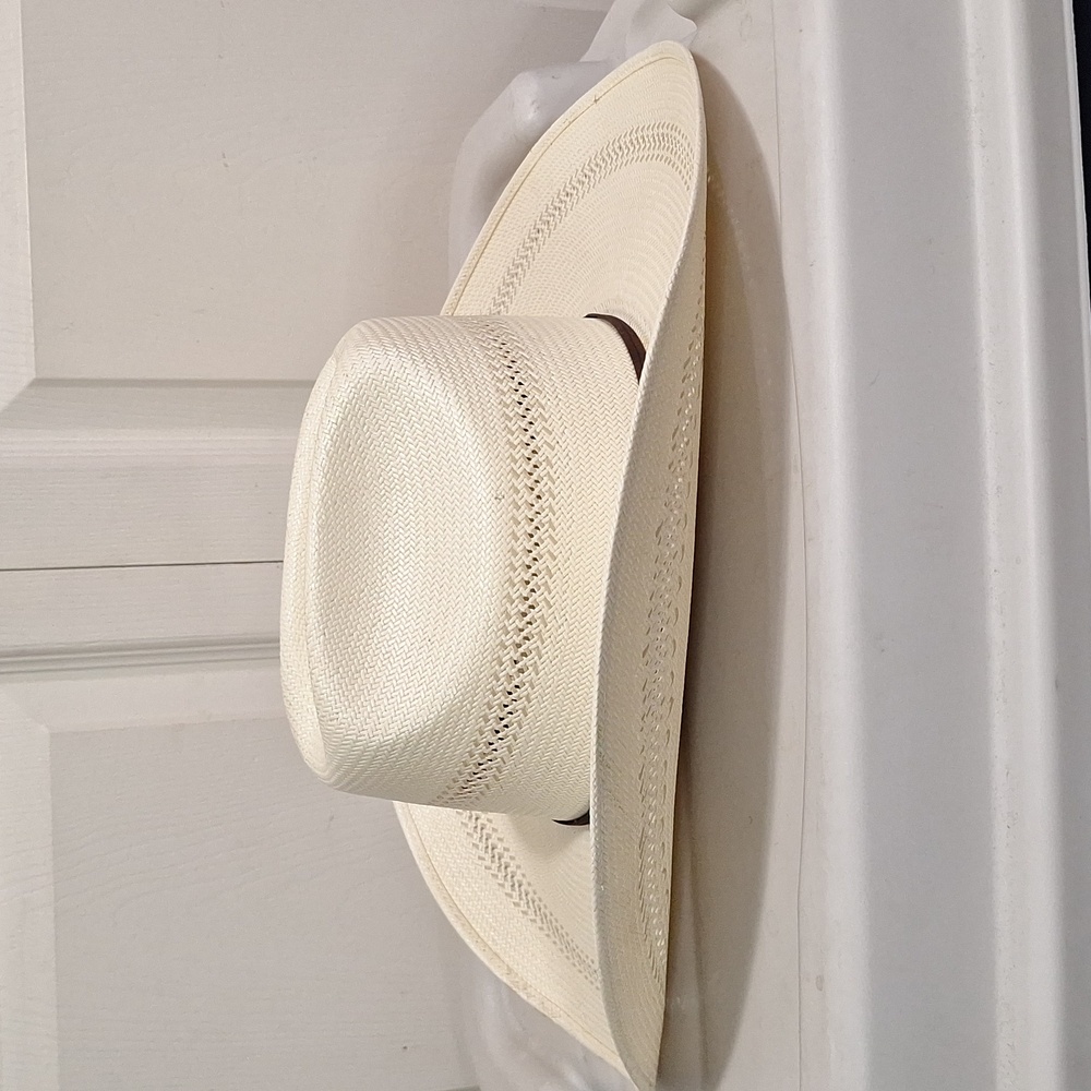 Tony Lama hard straw hat - leather strap - light tan - 7¼ - Picture 2 of 10